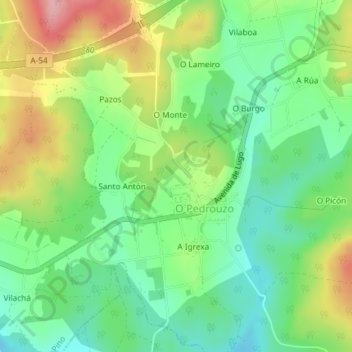 Mapa topográfico O Reboredo, altitud, relieve