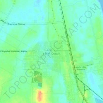 Mapa topográfico Ejido Ricardo Flores Magón, altitud, relieve