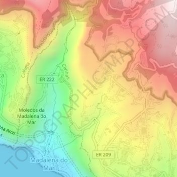 Mapa topográfico Fajã e Eiras, altitud, relieve