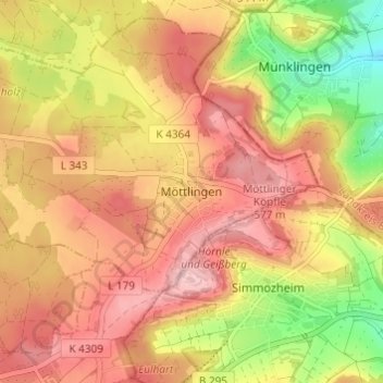 Mapa topográfico Möttlingen, altitud, relieve