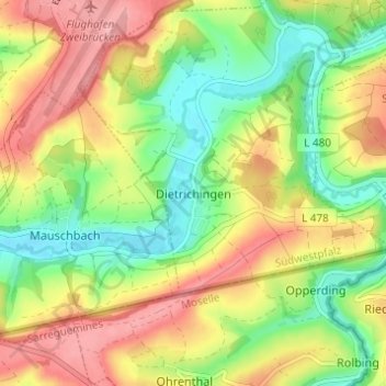 Mapa topográfico Dietrichingen, altitud, relieve