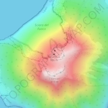 Mapa topográfico Stromboli, altitud, relieve