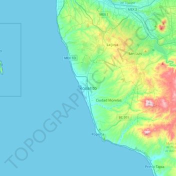 Mapa topográfico Rosarito, altitud, relieve
