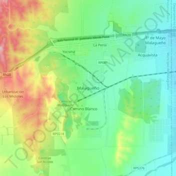 Mapa topográfico Malagueño, altitud, relieve