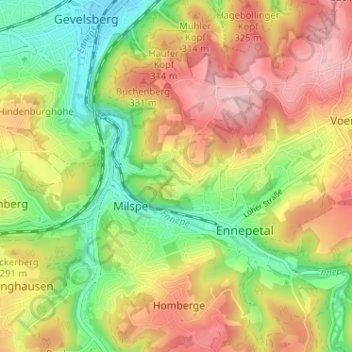 Mapa topográfico Ober-Ebbinghausen, altitud, relieve