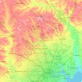 Mapa topográfico Montgomery, altitud, relieve