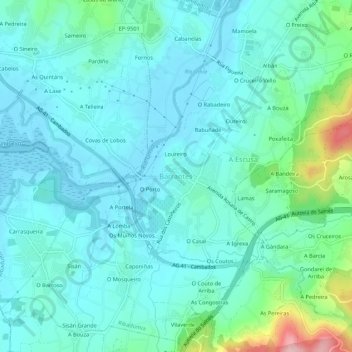Mapa topográfico Barrantes, altitud, relieve