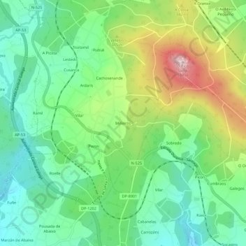 Mapa topográfico Milleiros, altitud, relieve