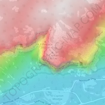 Mapa topográfico El Capitan, altitud, relieve
