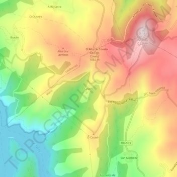 Mapa topográfico Covelo, altitud, relieve