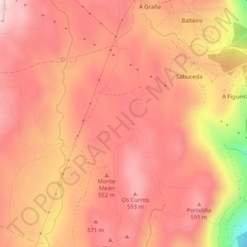 Mapa topográfico Agro do Muíño, altitud, relieve