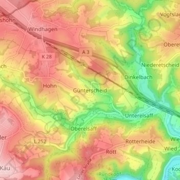 Mapa topográfico Günterscheid, altitud, relieve