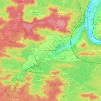 Mapa topográfico Fontainebleau, altitud, relieve