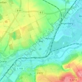 Mapa topográfico Aue, altitud, relieve