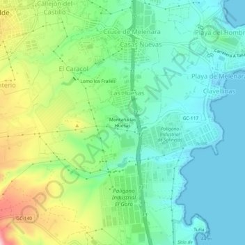 Mapa topográfico Montaña las Huesas, altitud, relieve