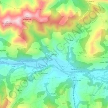 Mapa topográfico Cardes, altitud, relieve