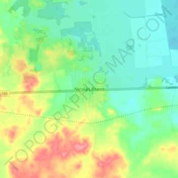 Mapa topográfico Nicolás Bravo, altitud, relieve