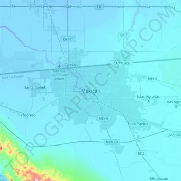 Mapa topográfico Mexicali, altitud, relieve