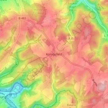 Mapa topográfico Königsfeld, altitud, relieve