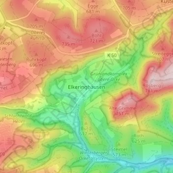 Mapa topográfico Elkeringhausen, altitud, relieve