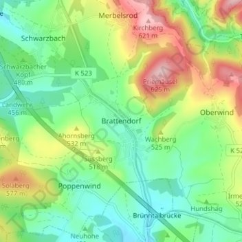 Mapa topográfico Brattendorf, altitud, relieve