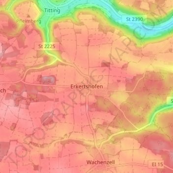 Mapa topográfico Erkertshofen, altitud, relieve