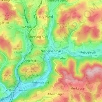 Mapa topográfico Niederseßmar, altitud, relieve