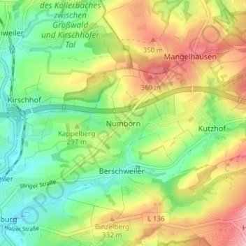 Mapa topográfico Numborn, altitud, relieve