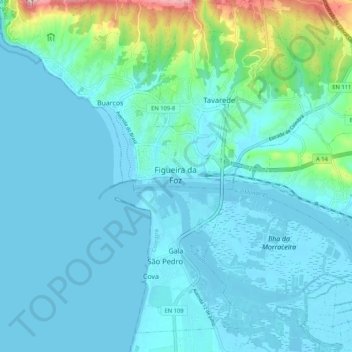 Mapa topográfico Figueira da Foz, altitud, relieve