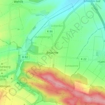 Mapa topográfico Beuchte, altitud, relieve