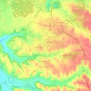 Mapa topográfico Trigoria, altitud, relieve