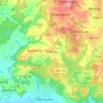Mapa topográfico Finsing, altitud, relieve