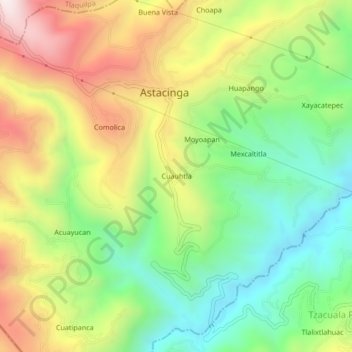 Mapa topográfico Cuauhtla, altitud, relieve