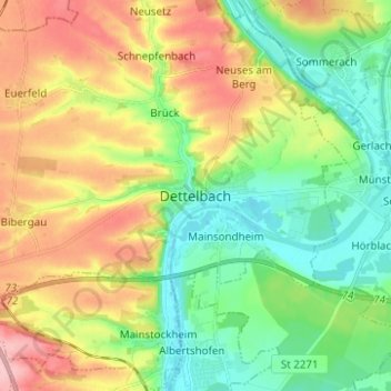 Mapa topográfico Dettelbach, altitud, relieve