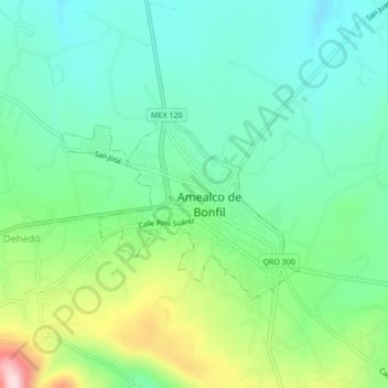 Mapa topográfico Amealco de Bonfil, altitud, relieve