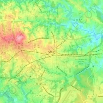 Mapa topográfico Greer, altitud, relieve