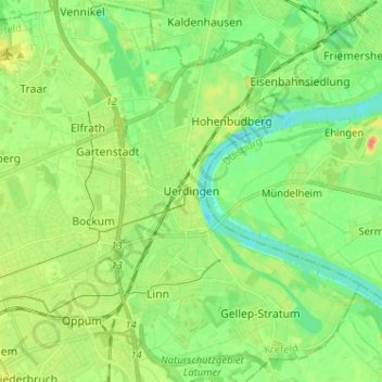 Mapa topográfico Uerdingen, altitud, relieve