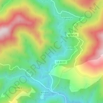 Mapa topográfico Mazuco, altitud, relieve