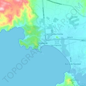 Mapa topográfico Melaque, altitud, relieve