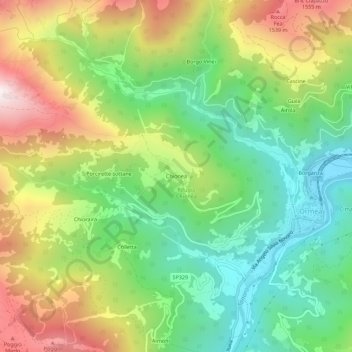Mapa topográfico Chionea, altitud, relieve