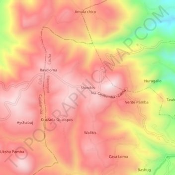 Mapa topográfico Shiwikis, altitud, relieve