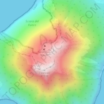 Mapa topográfico Stromboli Volcano trail, altitud, relieve