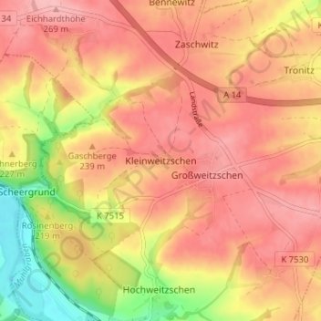 Mapa topográfico Kleinweitzschen, altitud, relieve