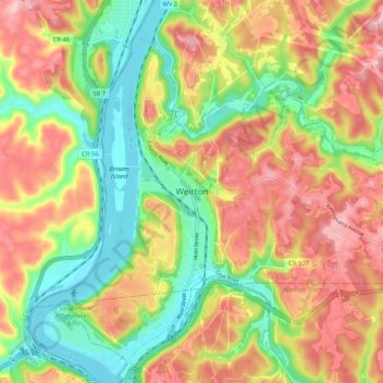 Mapa topográfico Weirton, altitud, relieve