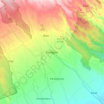 Mapa topográfico Songgon, altitud, relieve
