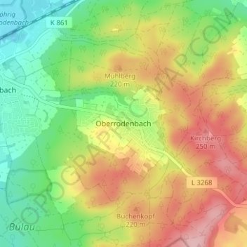Mapa topográfico Oberrodenbach, altitud, relieve
