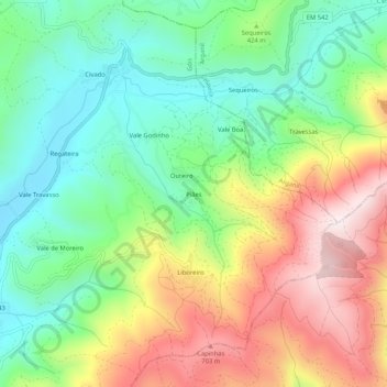 Mapa topográfico Piães, altitud, relieve