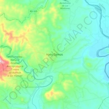 Mapa topográfico Hato Damas, altitud, relieve