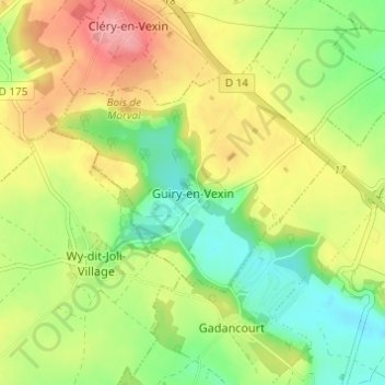 Mapa topográfico Guiry-en-Vexin, altitud, relieve