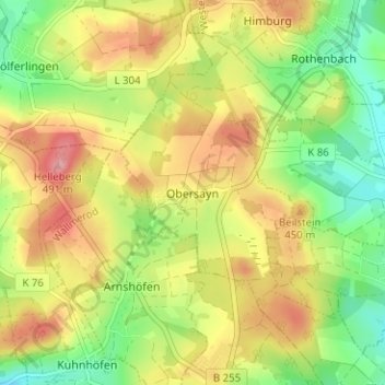 Mapa topográfico Obersayn, altitud, relieve